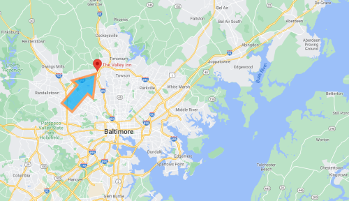 Map showing Baltimore area with a highlighted location for The Valley Inn, near Owings Mills and Randallstown.