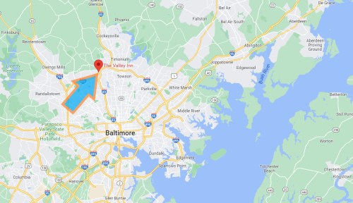 Map showing Baltimore area with a highlighted location for The Valley Inn, near Owings Mills and Randallstown.