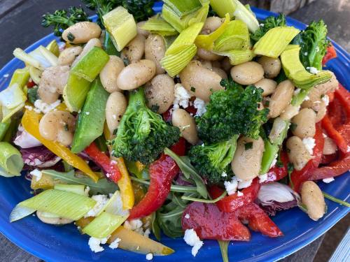 A colorful salad with mixed greens, bell peppers, broccoli, leeks, and white beans on a blue plate.