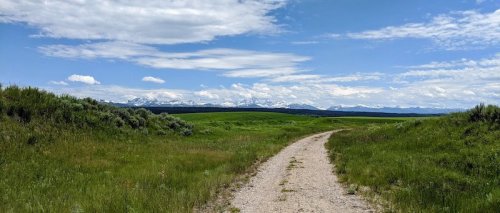 A gravel path winds through lush green fields, leading to snow-capped mountains under a blue sky with fluffy clouds.