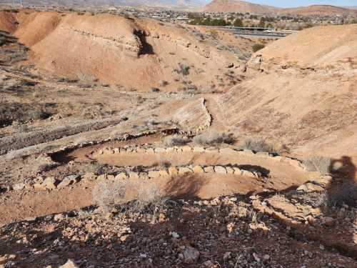 A winding dirt path lined with stones, surrounded by rocky terrain and sparse vegetation under a clear sky.