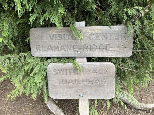 Wooden signpost with directions to Visitor Center, Klahane Ridge, and Switchback Trailhead, surrounded by greenery.