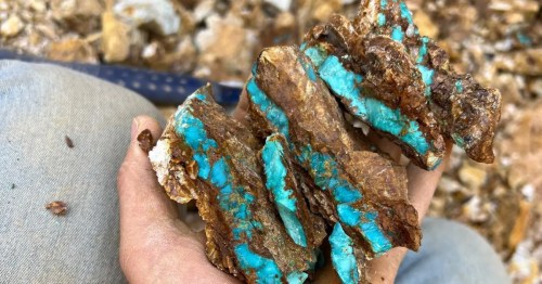 Hand holding freshly mined bright blue turquoise at Otteson Brothers Mine, Nevada
