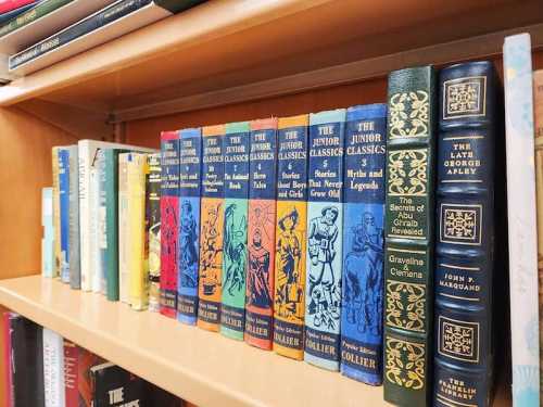 A wooden shelf filled with colorful spines of classic literature books, including "The Junior Classics" series.