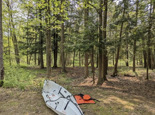 A white kayak and an orange life jacket on the forest floor, surrounded by green trees and foliage.