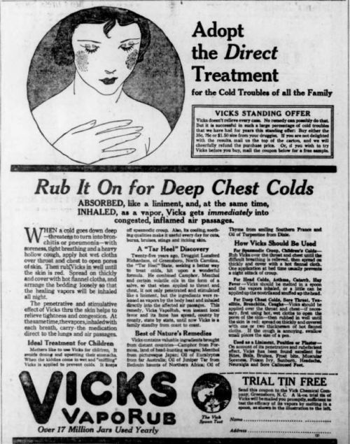 Vintage advertisement for Vicks VapoRub, promoting its use for cold relief with a focus on family care.