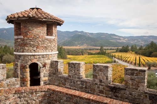 A stone tower overlooks vibrant vineyards and rolling hills under a cloudy sky.