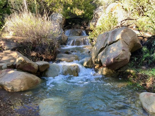 A serene stream flows over rocks, surrounded by lush greenery and small waterfalls in a natural setting.