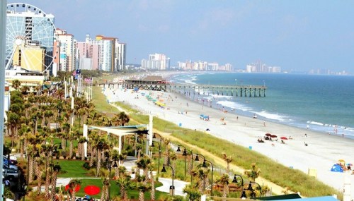 A scenic beach view with a pier, palm trees, and buildings in the background under a clear blue sky.