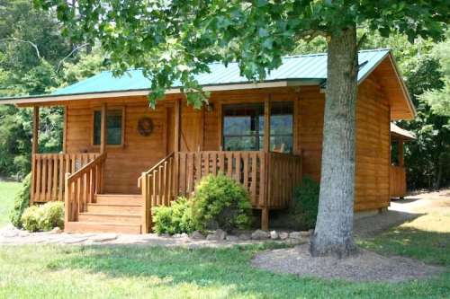 A cozy wooden cabin with a green metal roof, surrounded by trees and a grassy area.