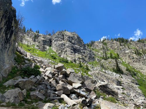 Rocky mountain landscape with steep cliffs, scattered boulders, and a clear blue sky above.