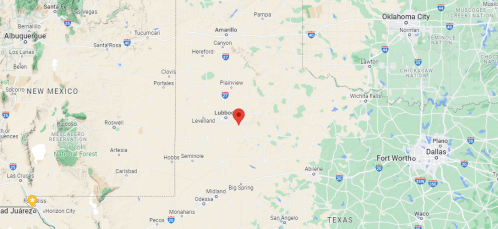 Map showing the area around Lubbock, Texas, with nearby cities and highways marked.