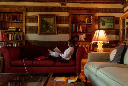 A person sits on a red couch in a rustic room, working on a laptop with bookshelves and a lamp nearby.