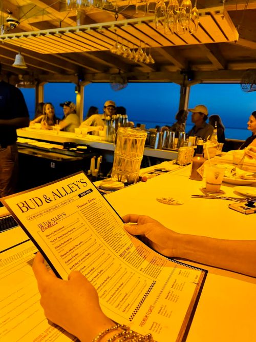 A person holds a menu at a bar with patrons in the background, set against a twilight sky.