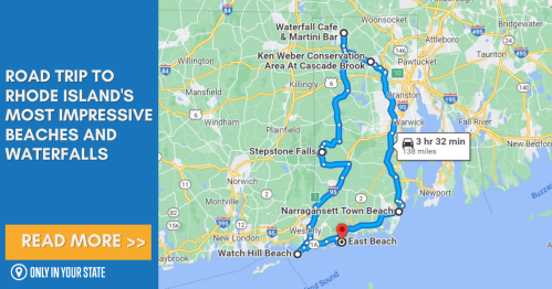 Map showing a road trip route to Rhode Island's beaches and waterfalls, with key locations marked along the way.