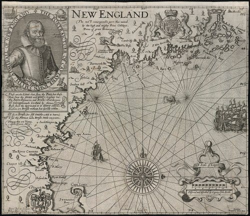 A historical map of New England featuring a portrait, compass rose, and detailed coastal outlines from the early 1600s.