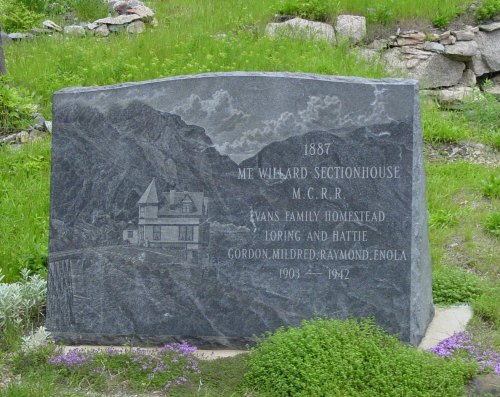 A granite monument commemorating the Mt. Willard Sectionhouse and the Evans family homestead, established in 1887.