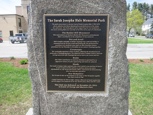 Plaque at Sarah Josepha Hale Memorial Park detailing the Bunker Hill Monument and its historical significance.