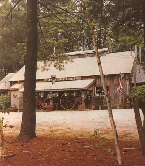 A rustic barn surrounded by trees, featuring a sign that reads "Park Maple Barn" and decorative items outside.