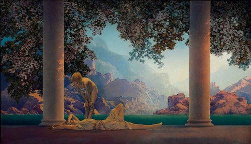 A serene landscape with mountains and water, featuring a figure leaning over a reclining figure under flowering trees.