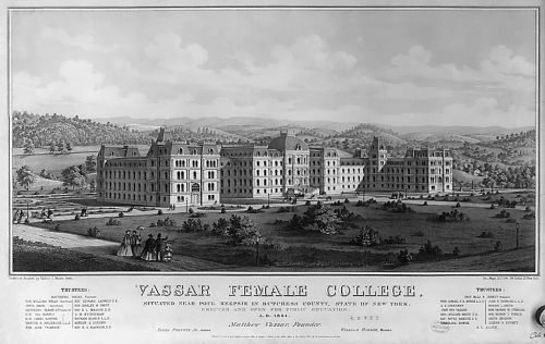 Historic illustration of Vassar Female College, showcasing its architecture and surrounding landscape.