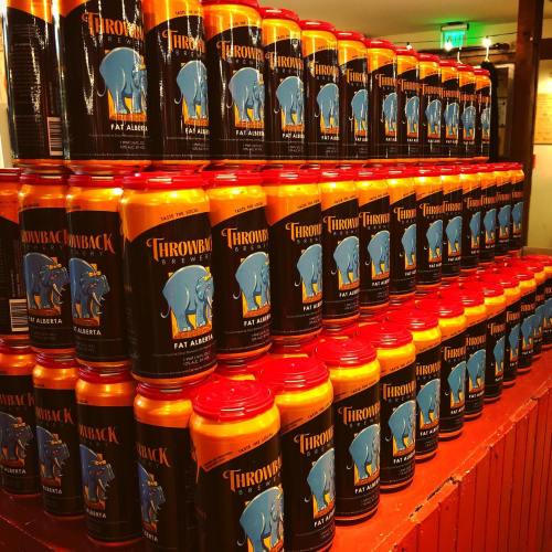 A colorful display of stacked beer cans featuring a blue elephant logo and the name "Throwback Brewing."