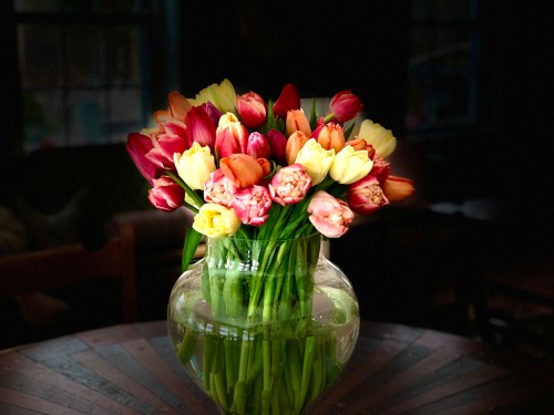 A vibrant bouquet of multicolored tulips in a clear vase, set on a wooden table in a dimly lit room.