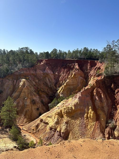 A colorful canyon with layered red, yellow, and orange rock formations, surrounded by green trees under a clear blue sky.