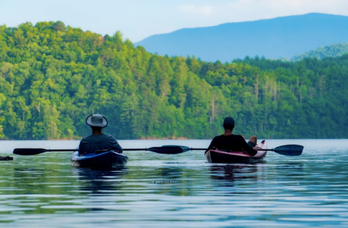 Two people kayaking on a calm lake surrounded by lush green trees and mountains in the background.