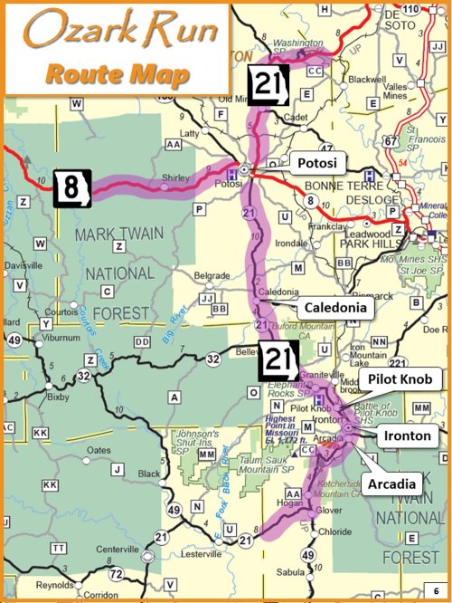 Map of the Ozark Run route, highlighting highways 21 and 8 through Missouri's scenic areas.