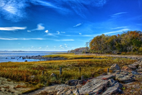 Scenic coastal view with grassy shore, rocky foreground, and vibrant blue sky with scattered clouds.