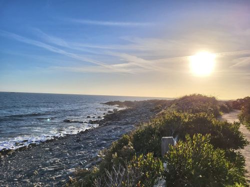 A serene coastal scene with a rocky shoreline, gentle waves, and a bright sun setting over the horizon.