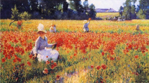 A vibrant field of red flowers with women picking blooms, set against a sunny landscape and distant buildings.