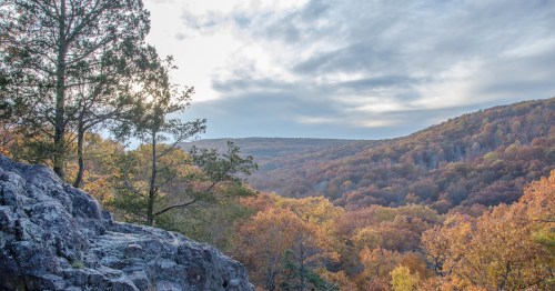 A scenic view of a colorful autumn landscape with rolling hills and trees, under a cloudy sky.