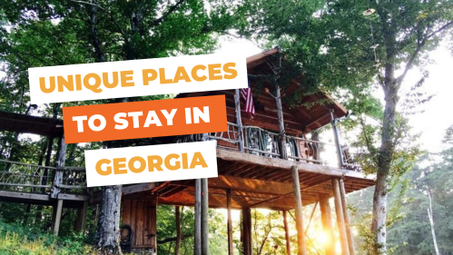 A treehouse nestled among trees, with a sunset glow, promoting unique places to stay in Georgia.