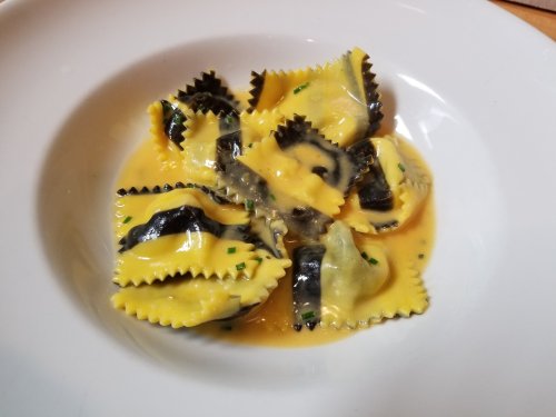 A bowl of ravioli filled with dark filling, coated in a creamy yellow sauce and garnished with green herbs.