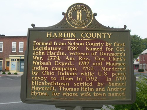 Historical marker for Hardin County, detailing its formation, notable figures, and events from 1792.