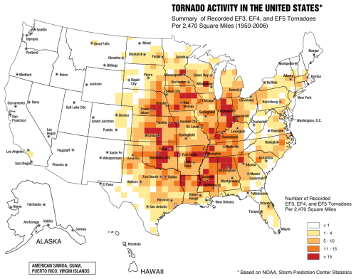 Map showing tornado activity in the United States from 1950-2006, with color-coded intensity and frequency areas.