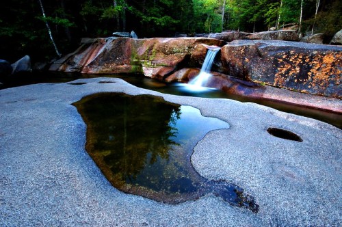 A serene landscape featuring a small waterfall cascading over rocks into a calm pool, surrounded by lush greenery.