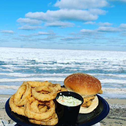 A plate of onion rings and a sandwich with coleslaw, set against a scenic view of a frozen lake and blue sky.