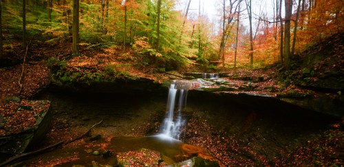 A serene waterfall cascades through a vibrant autumn forest, surrounded by colorful leaves and rocky terrain.