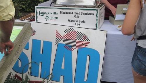 A vendor table displaying a sign for a Blackened Shad Sandwich priced at $7.00, with water and soda for $2.00.