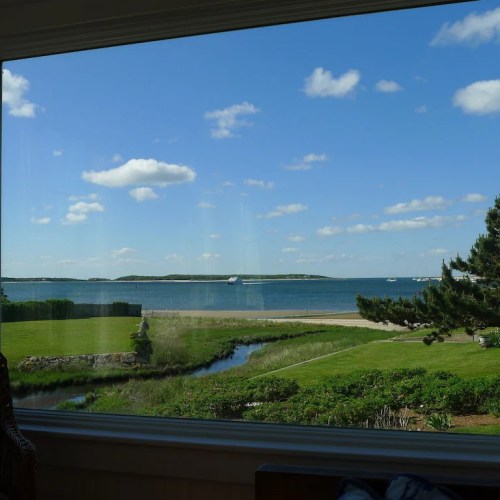 A scenic view of a beach and calm water, framed by a window with green grass and trees in the foreground.