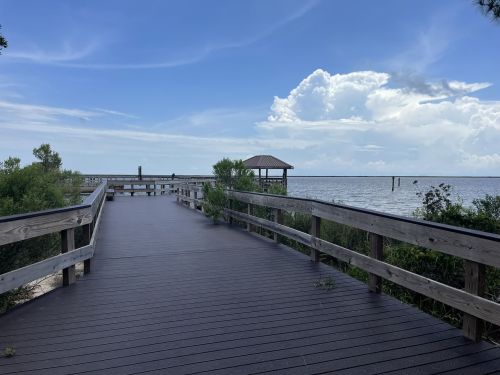 A wooden boardwalk leads to a gazebo by the water, with lush greenery and a blue sky filled with clouds.