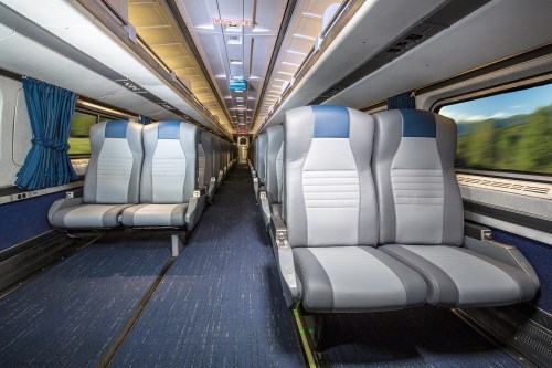 Interior of a train carriage featuring rows of gray and blue seats with large windows and a view of greenery outside.