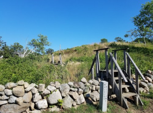 A wooden staircase leads up a grassy hill, surrounded by a stone wall and trees under a clear blue sky.