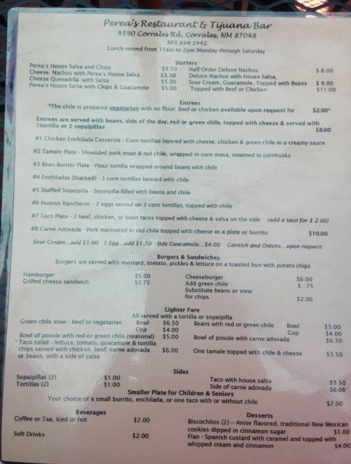 Menu from Perea's Restaurant & Tijuana Bar featuring lunch options, prices, and descriptions of dishes.