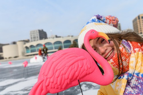 A smiling person in a colorful winter outfit poses with a pink flamingo on an icy surface, with buildings in the background.