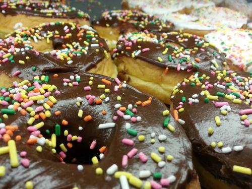 Close-up of chocolate frosted donuts topped with colorful sprinkles.