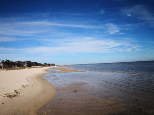A serene beach scene with gentle waves, sandy shore, and a clear blue sky.